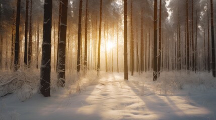 Fototapeta premium Sunset through snow-covered pine forest