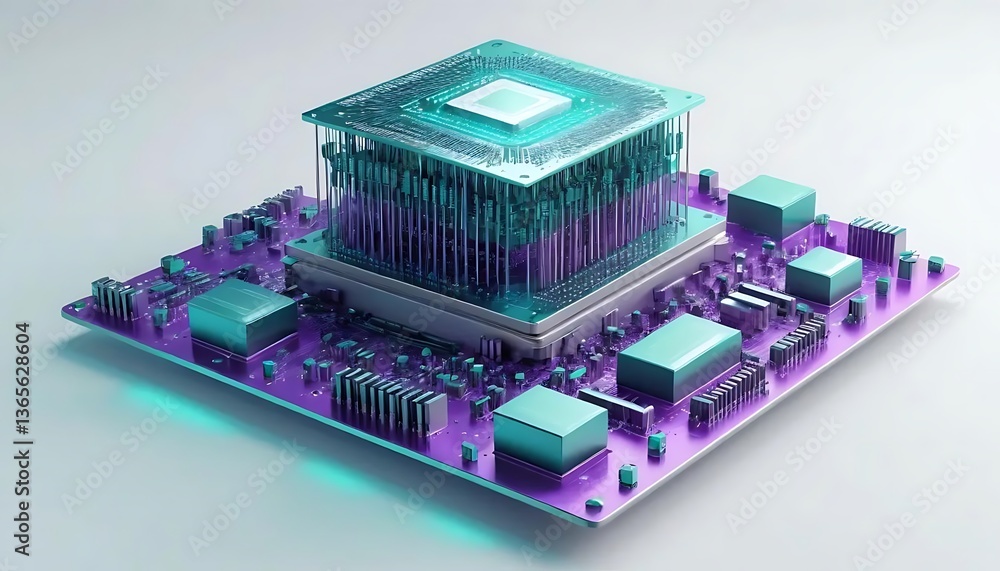 Poster high tech futuristic microchip on circuit board in neon colors