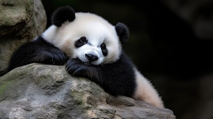 Obraz premium Adorable panda cub resting on a rock