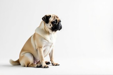 Obraz premium Adorable pug dog sits alone, white background, companion, face, portrait