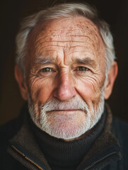 Obraz premium Close-up portrait of an elderly man with a gentle expression, showcasing wisdom and contentment. The detailed features highlight age and experience, reflecting a life well-lived