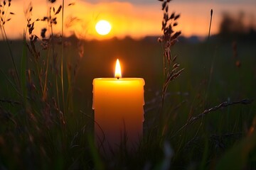 A single candle, lit in the center of an open field at sunset.