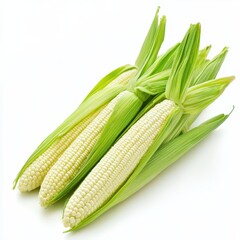 Fresh white corn on cob with green husks display