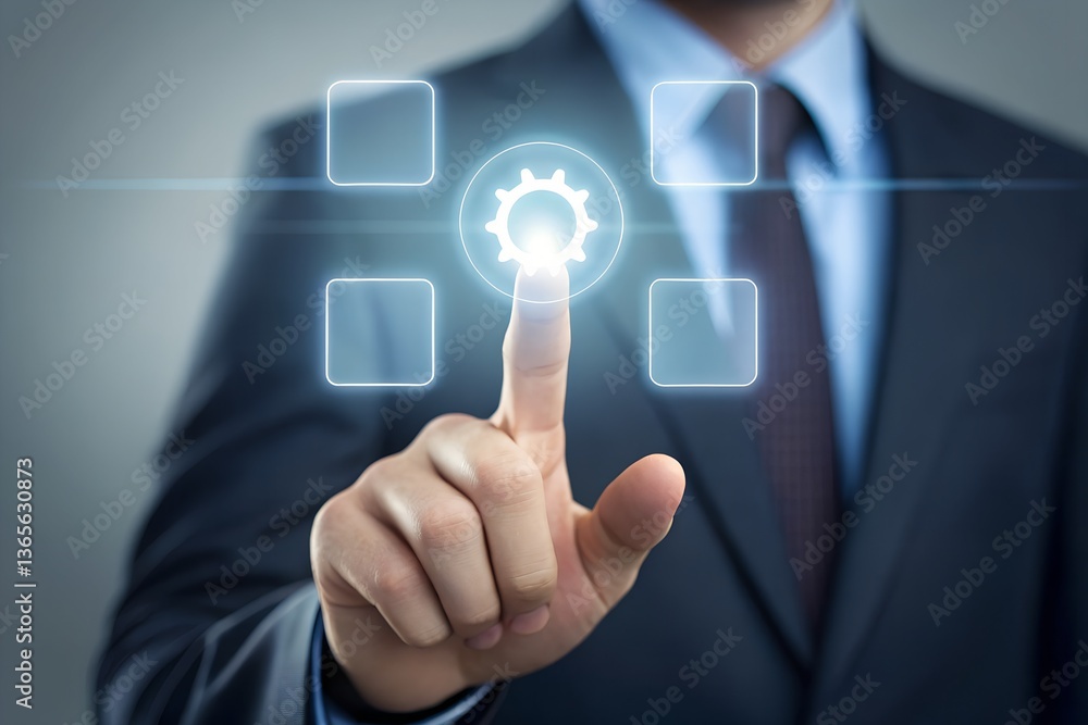 Poster human hand touching virtual ui elements a businessman interacts with a digital interface, highlighti