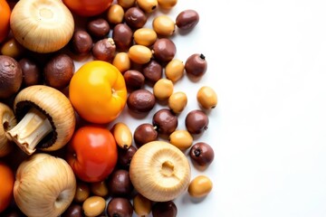 Fototapeta premium Assortment of dried mushrooms, beans & lentils on white, closeup, food photography, organic