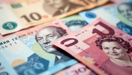 Obraz premium Blurred banknotes, various currencies, seamless texture, business, background, wealth