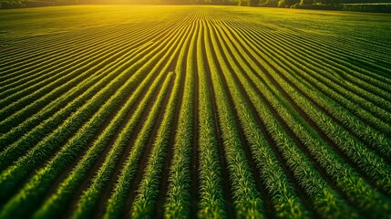 Rows of Growth: An eye-level shot capturing a vast, verdant field of cultivated crops, bathed in the warm, golden glow of the setting sun, showcasing the orderly lines of a flourishing harvest.
