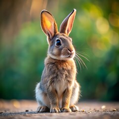 Fototapeta premium Fluffy brown rabbit that is healthy and lovely, adorable baby rabbit in a green garden nature setting. Close-up view 