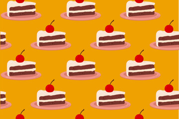 Seamless Pattern with piece of  Birthday Cakes with cherry 