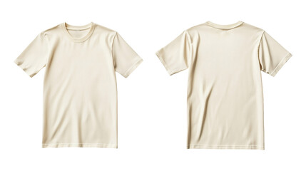 Mockup of light cream plain t-shirt showcasing front and back views with smooth fabric and round neckline for design purposes on transparent background