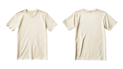 Mockup of light cream plain t-shirt showcasing front and back views with smooth fabric and round neckline for design purposes on transparent background