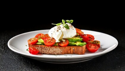 Close-up of avocado toast with tomatoes and burrata on a white plate, set against a black background. The dish features fresh avocado, ripe tomatoes, and creamy burrata, arranged elegantly on the plat