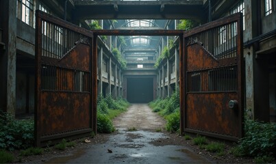 Abandoned Factory Gate, Rusted Metal