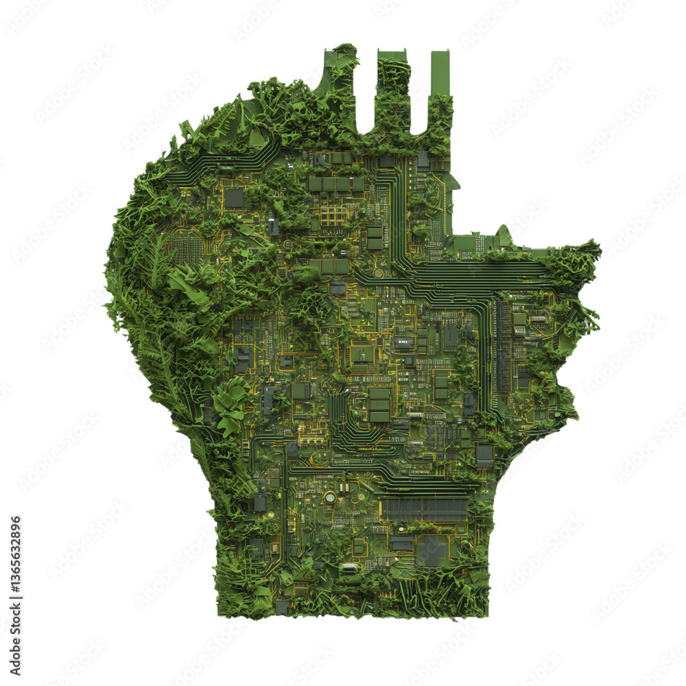 Poster abstract design merging nature and technology in a hand shape.