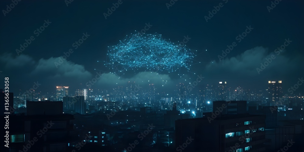 Poster digital technology background with glowing cloud icon and binary code on a digital screen