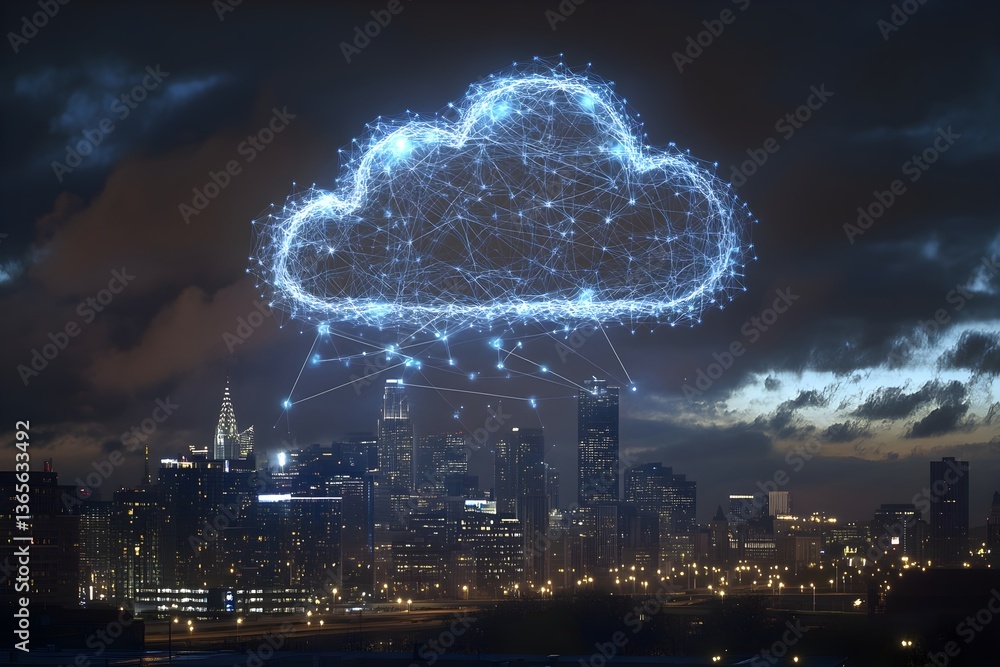 Poster digital technology background with glowing cloud icon and binary code on a digital screen