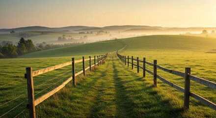Obraz premium Serene Sunrise Over Rolling Green Hills and Wooden Fence