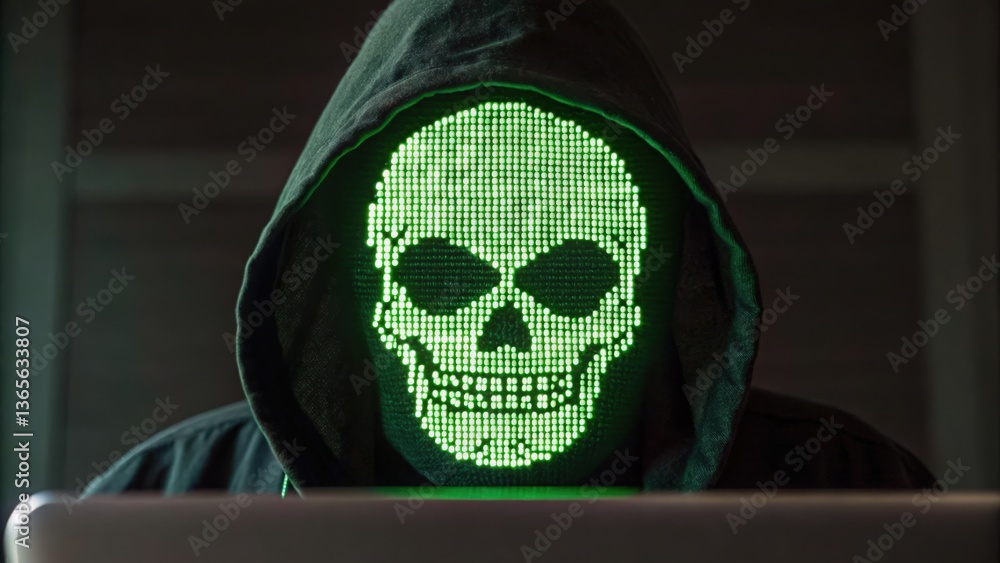Poster stylized skull art created from command lines, perfect for hacker-themed graphics.