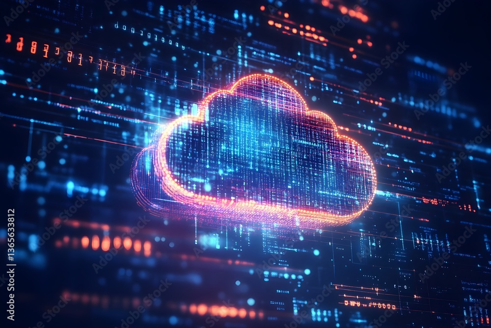 Poster digital technology background with glowing cloud icon and binary code on a digital screen