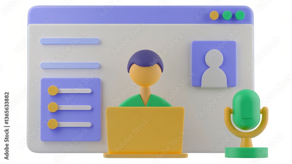 Aufkleber digital workspace with a person using a laptop and a microphone.