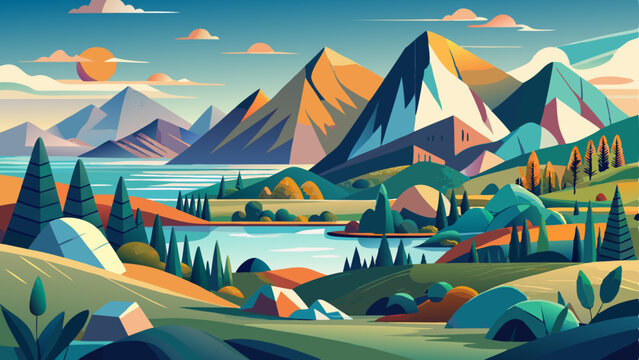 vector of stylish mid-century abstract landscape with geometric mountains, rolling hills, and a serene lake