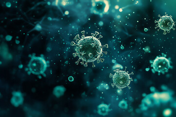 Microscopic view of floating green virus particles in dark background.