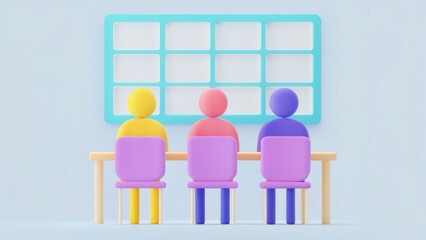 Obraz premium Colorful figures sitting at a table facing a blank board.