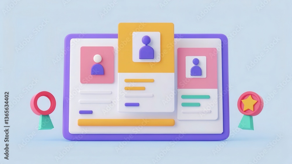 Poster digital profile layout with user icons and achievement badges.