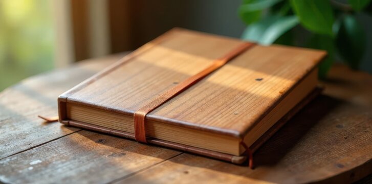 Vertical wooden photo album mockup with ribbon closure , natural, customization