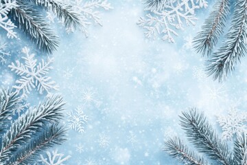 Frosted Winter Border with Snowflakes and Fir Branches