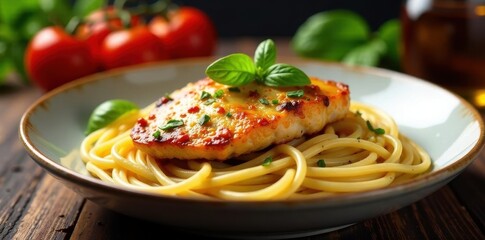 Fototapeta premium Chicken spaghetti with tomatoes and herbs, cozy setting, delicious, stock photo, close-up