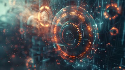 Obraz premium Futuristic Business Strategy Background with Abstract Gears and Technology Symbols