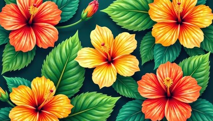 Bold tropical hibiscus pattern, vibrant orange and green, background, paradise, nature