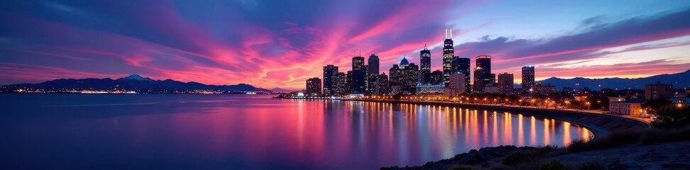 Fototapeta premium Deep hues paint Salt Lake City's skyline at dusk , urban, mountains