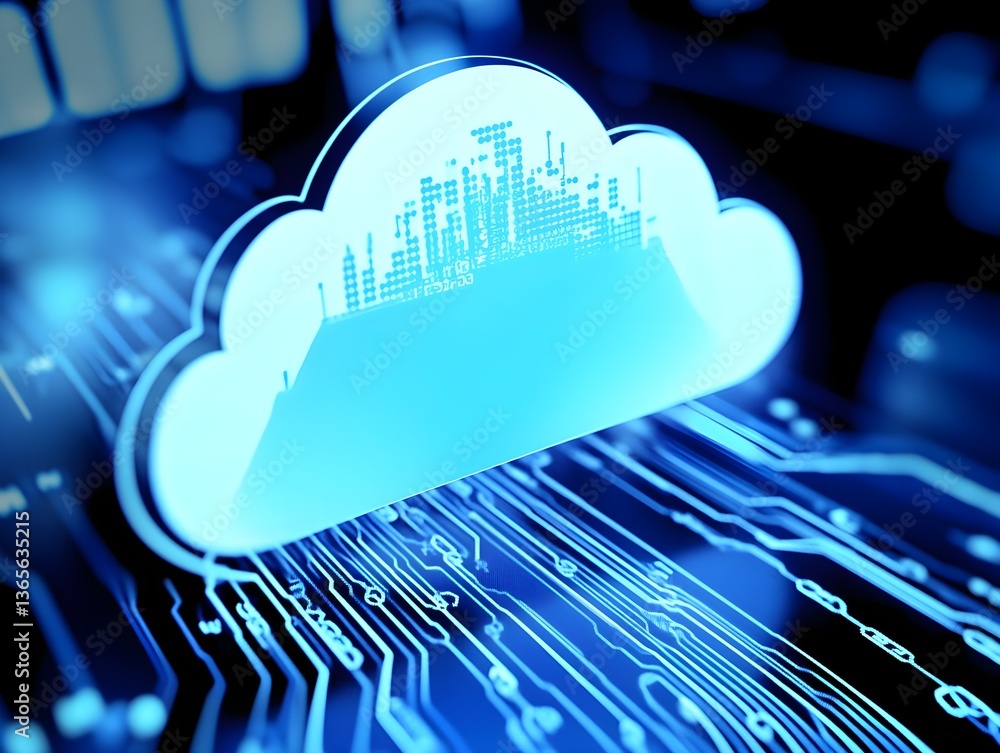 Poster digital technology background with glowing cloud icon and binary code on a digital screen
