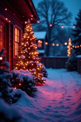 Vibrant colorful Christmas lights create festive atmosphere in snowy backyard, holiday decor, festive ambiance