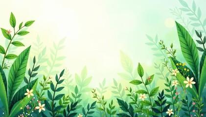 Obraz premium Botanical watercolor illustrations, lush greenery, soft light, natural textures, foliage, natural