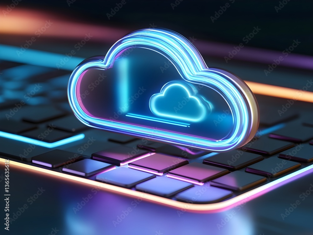 Poster digital technology background with glowing cloud icon and binary code on a digital screen