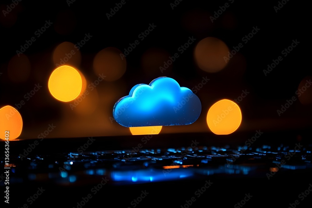 Poster digital technology background with glowing cloud icon and binary code on a digital screen