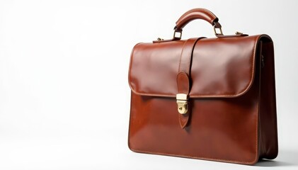 Brown leather briefcase, stark white backdrop , photography, professional, leather bag