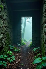 Naklejka premium Crumbling shed walls, dense fog, ancient forest setting, moss, photography