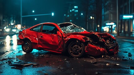 Fototapeta premium Night Crash: A Red Car Wreckage on a City Street