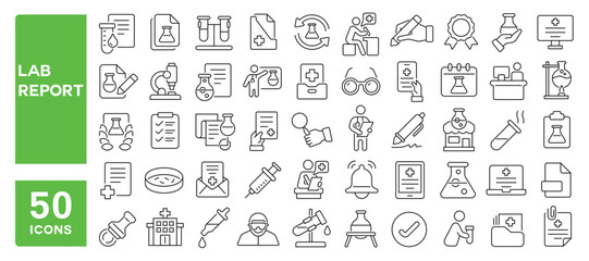 Set of 50 line icons related to lab report, laboratory, medical test, medical check, health checkup, beaker, microscope, science research, Editable stroke. Vector illustration