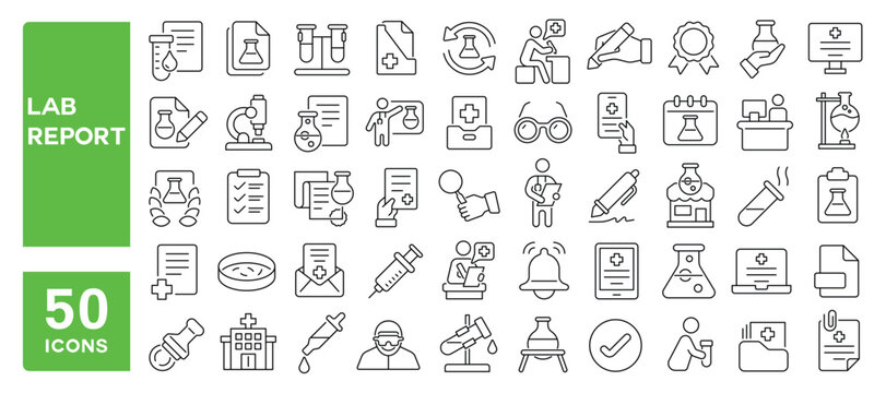 Set of 50 line icons related to lab report, laboratory, medical test, medical check, health checkup, beaker, microscope, science research, Editable stroke. Vector illustration