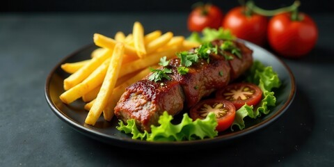 Fototapeta premium Savory Grilled Meat Roll with Crispy French Fries and Fresh Salad Garnish on a Dark Plate