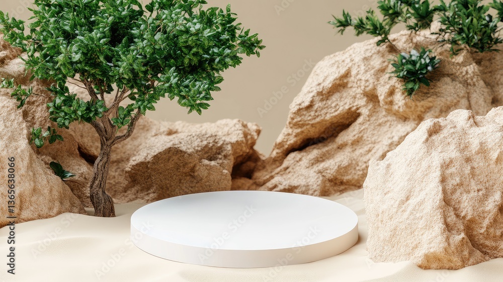 Poster a podium for product presentation features a minimalistic scene with a rock and tree, inviting a bri