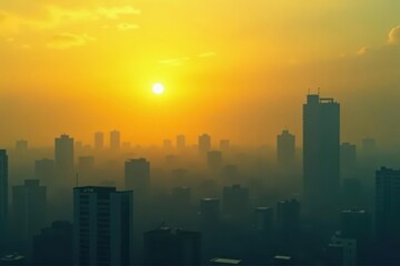 Obraz premium Thick, yellow smog obscures sun, buildings indistinct, hazy, industrial area, fog