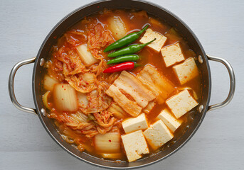 This image shows a bubbling pot of spicy red kimchi stew.