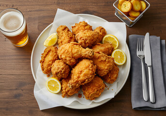 This image features a plate of fried chicken served with lemon slices. 