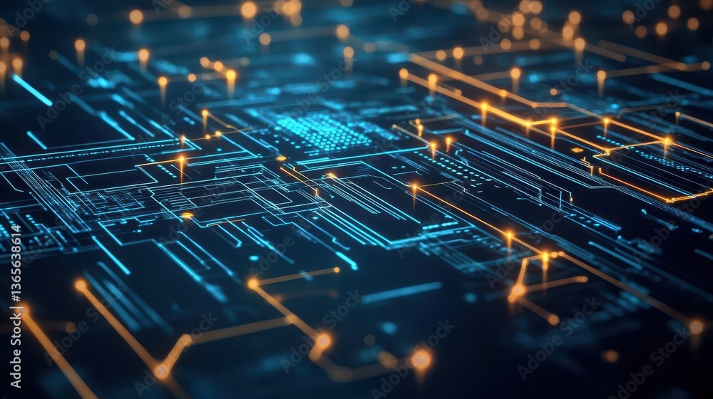 Poster intricate computer circuit board with illuminated electronic components and vibrant glowing lights c